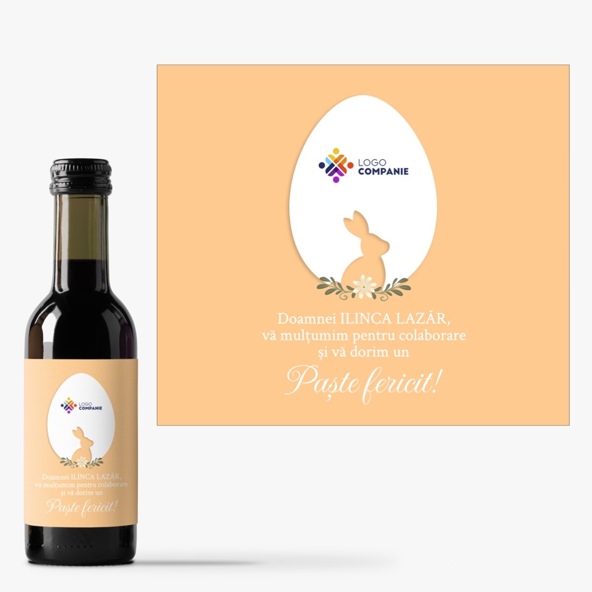 Mini sticluță de vin personalizată cu text și logo - Paște fericit
