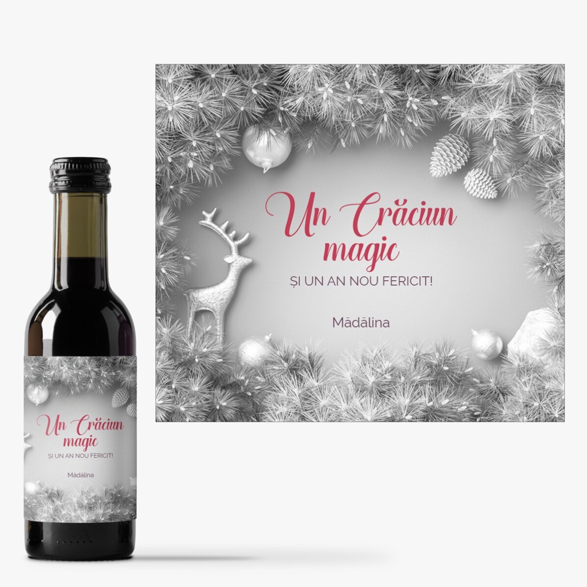 Mini sticluță de vin personalizată cu text - Silver Christmas