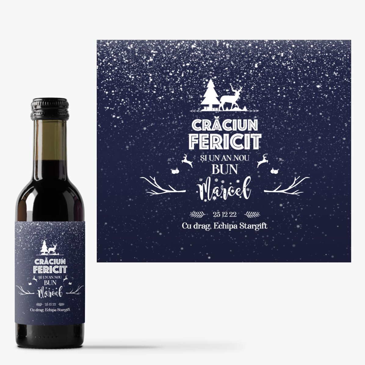 Mini sticluță de vin personalizată cu text - Snowing Night