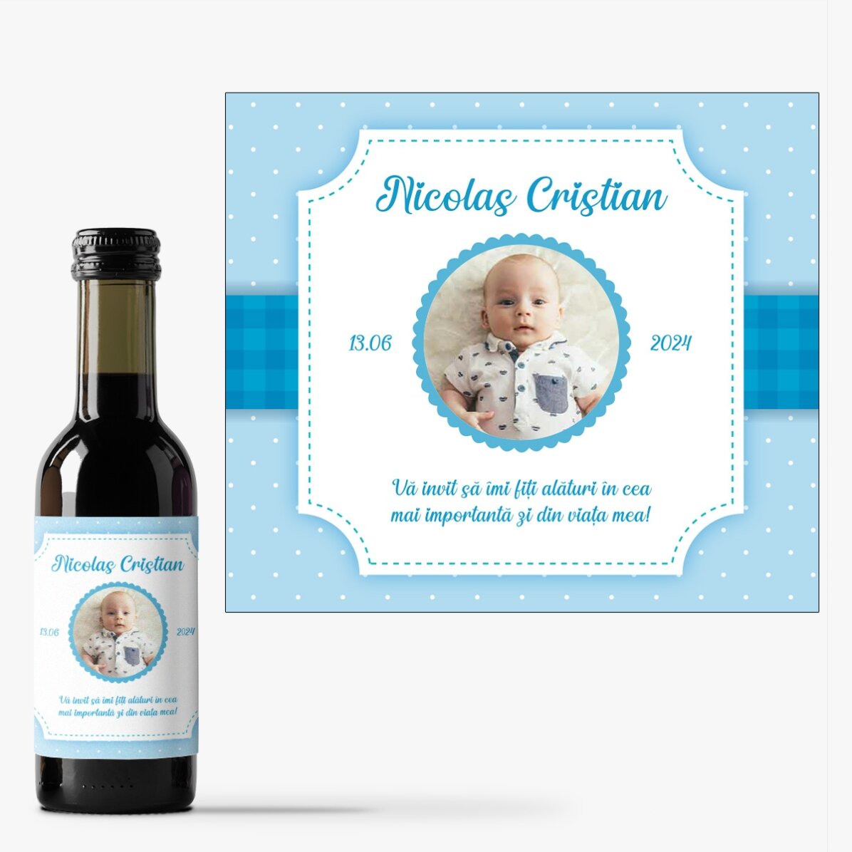 Mini sticluță de vin personalizată cu poză și text - Invitație botez