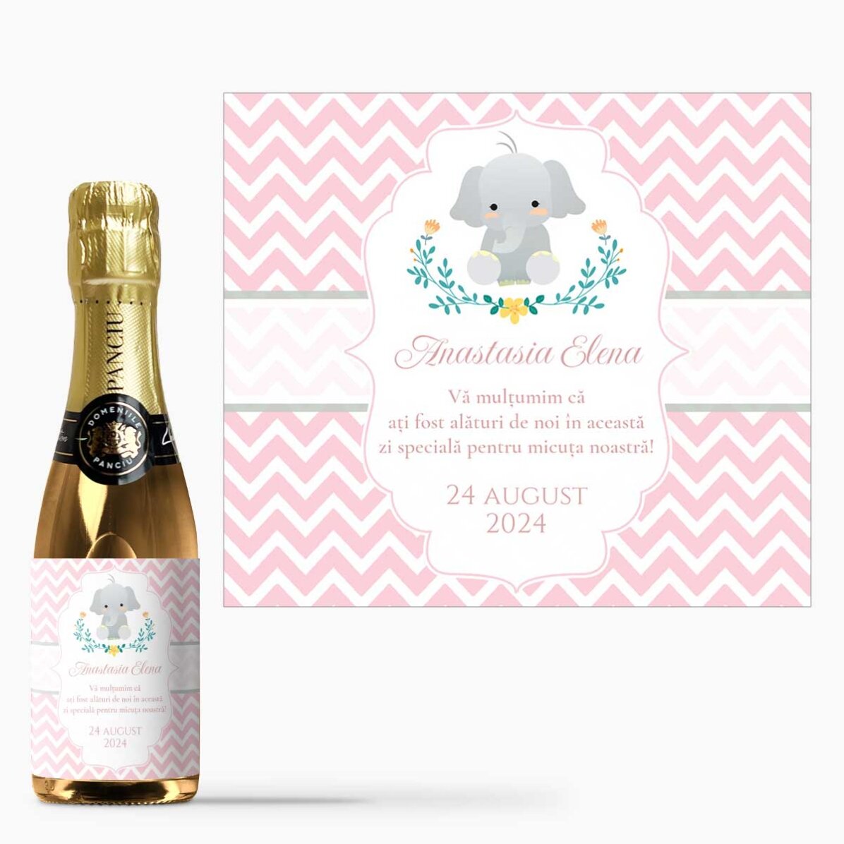 Mini bottle of sparkling wine, personalised with text, as a christening gift - Elephant