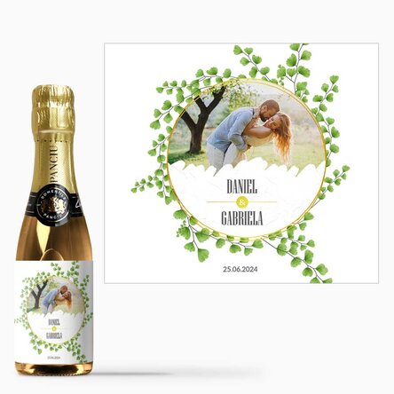 Mini sticluță de vin spumant mărturie personalizată cu o poză și numele voastre