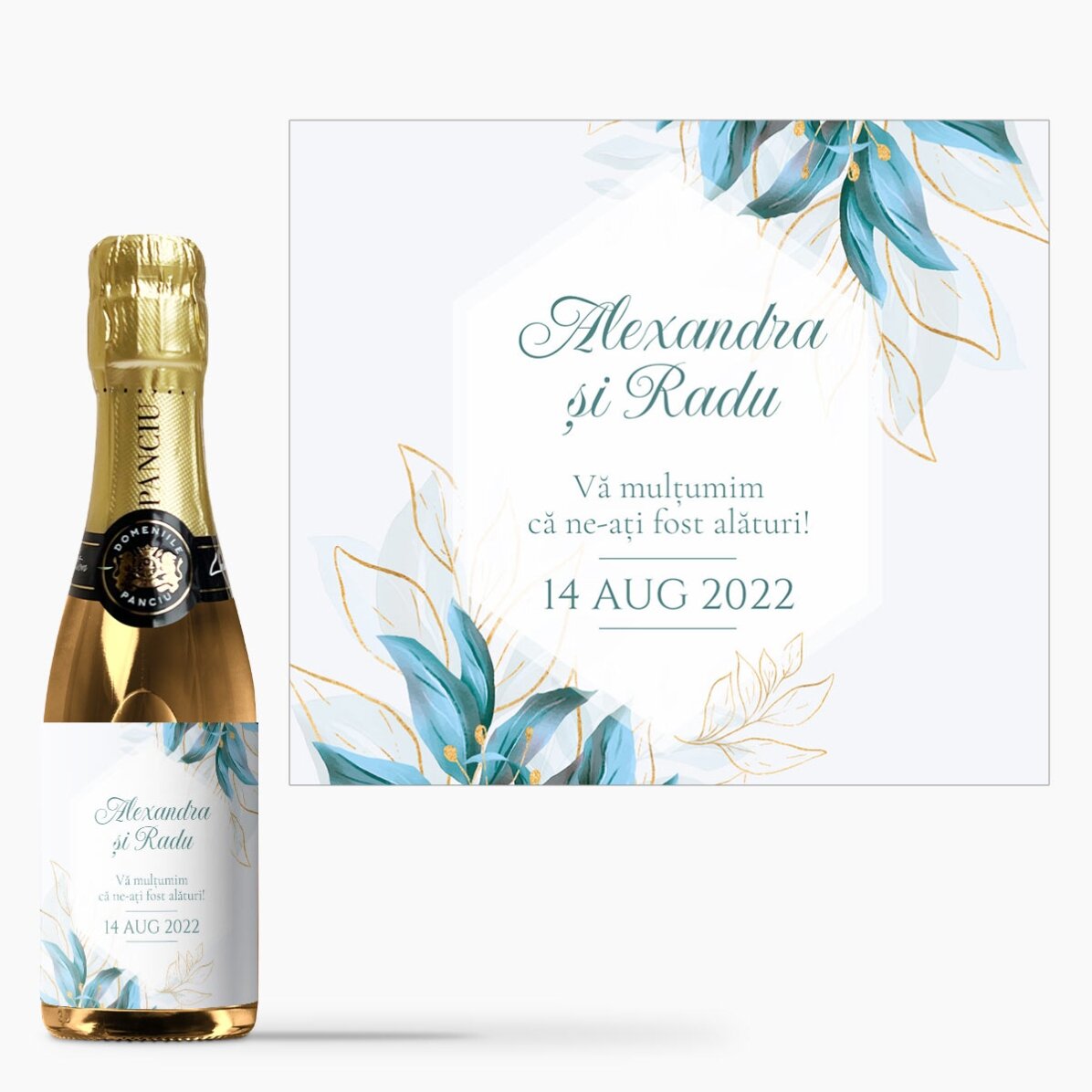 Mini sticluță de vin spumant mărturie personalizată cu text - Vă mulțumim