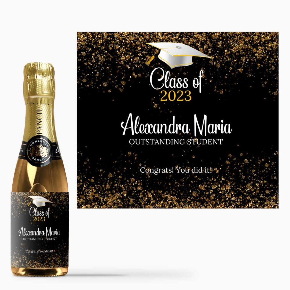 Mini sticluță de vin spumant pentru absolvire personalizată cu text - Outstanding student