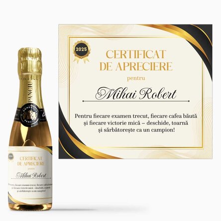 Mini sticluță de vin spumant personalizat cu text - Certificat de apreciere