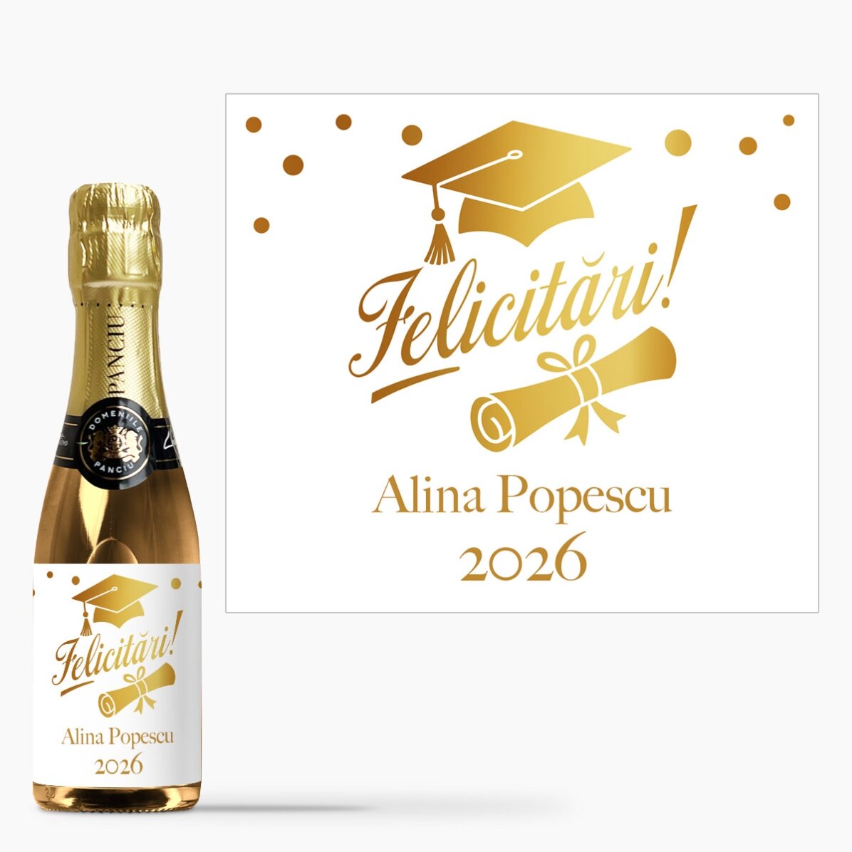 Mini bottle of sparkling wine, personalised with a graduation message – Gold