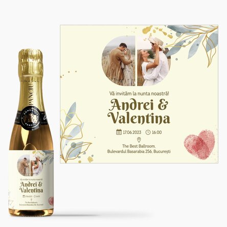 Mini sticluță de vin spumant personalizată cu 2 poze și text - Invitație de nuntă