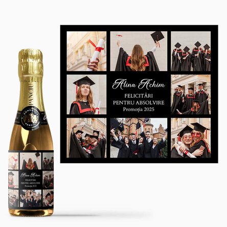 Mini sticluță de vin spumant personalizată cu 8 poze și mesaj