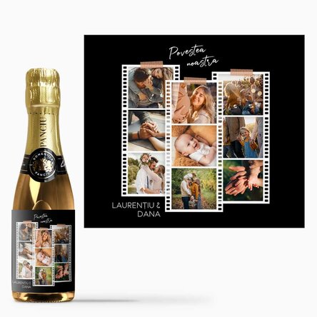 Mini sticluță de vin spumant personalizată cu 9 poze și mesaj - Poze pe film