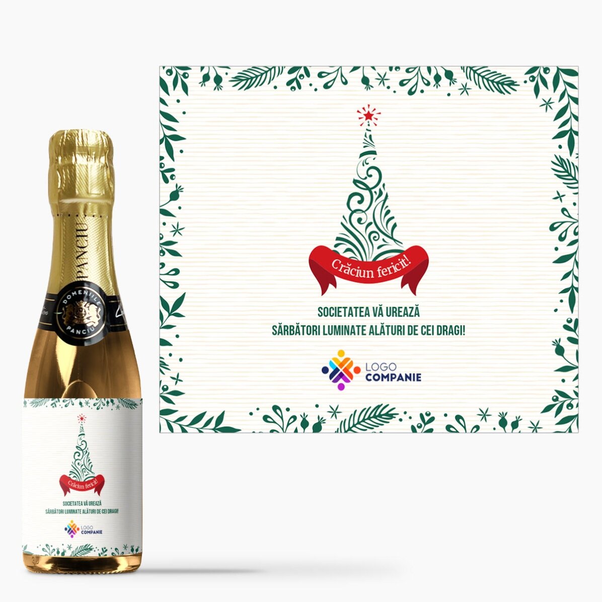 Mini sticluță de vin spumant personalizată cu logo și text - Crăciun fericit