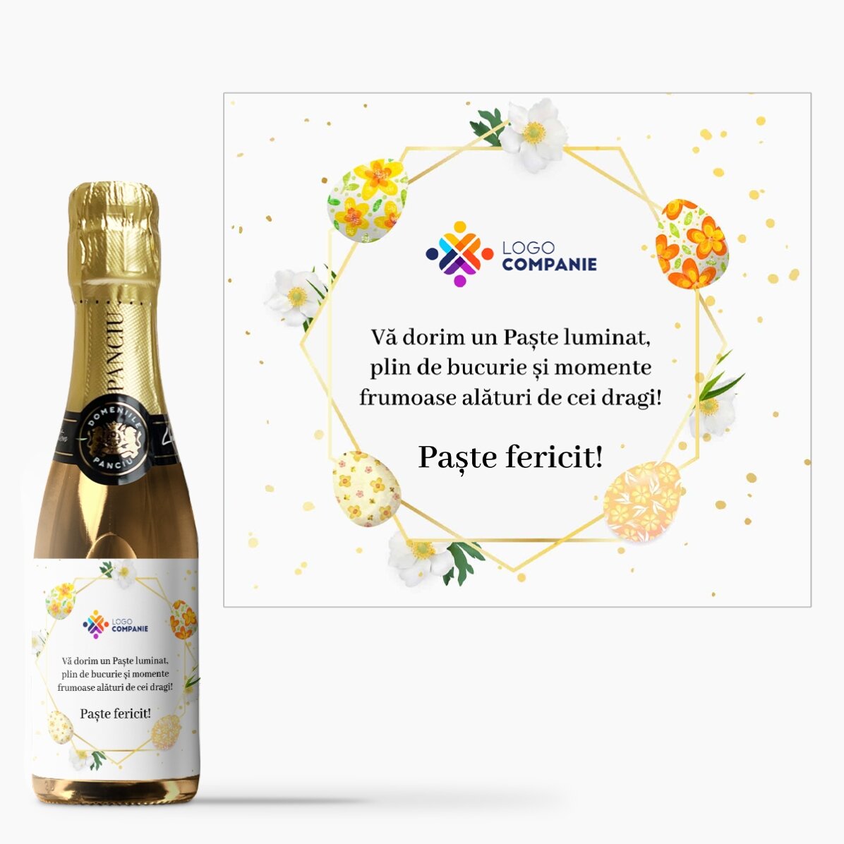 Mini sticluță de vin spumant personalizată cu logo și text - Urare de Paște