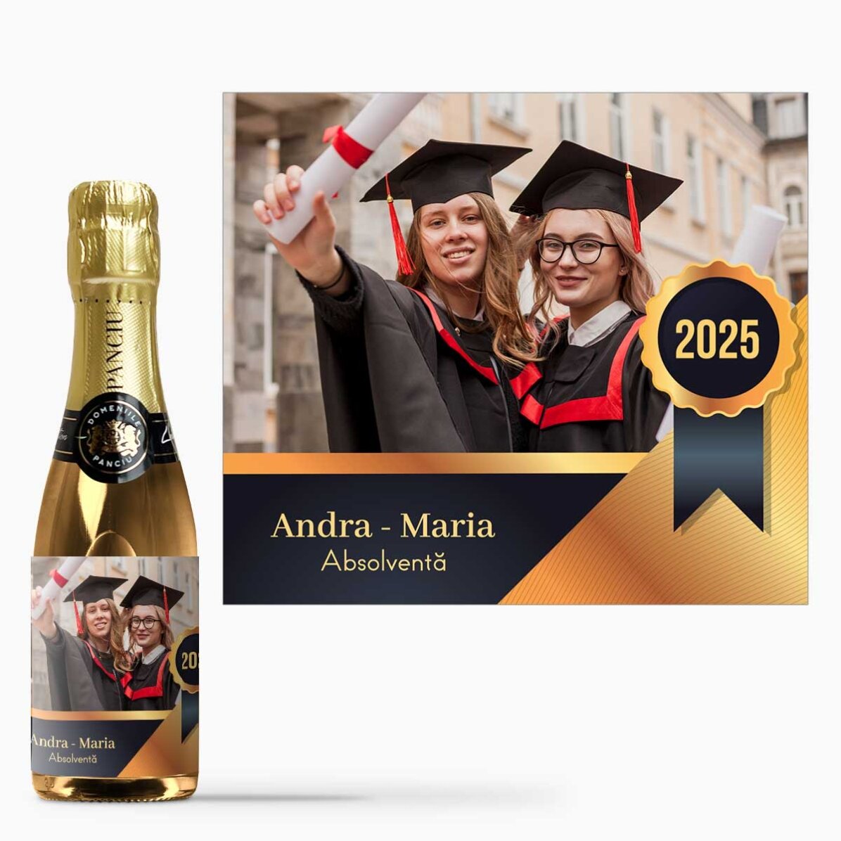 Mini sticluță de vin spumant personalizată cu mesaj și o poză - Absolvire