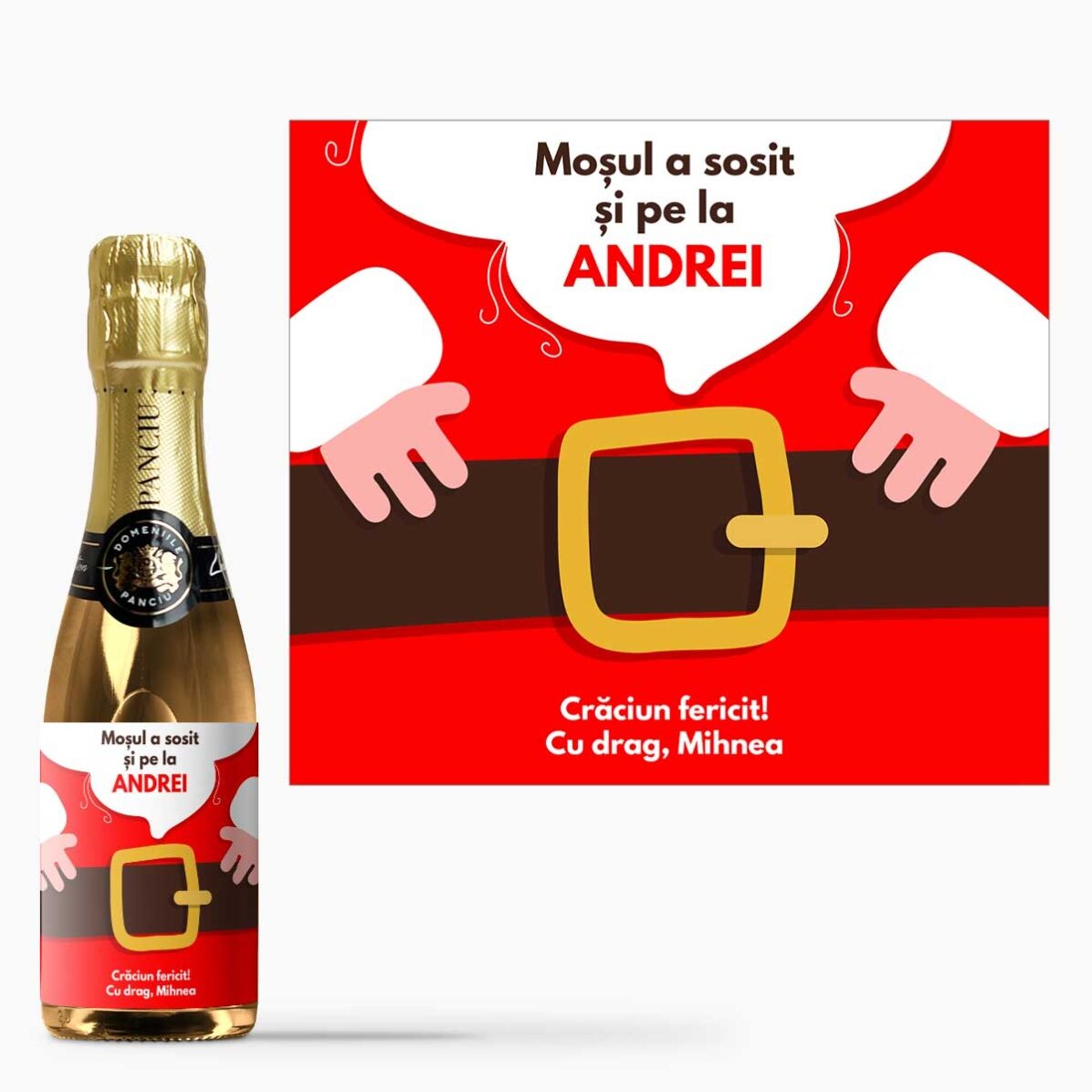 Mini sticluță de vin spumant personalizată cu mesaj - Moșul a sosit