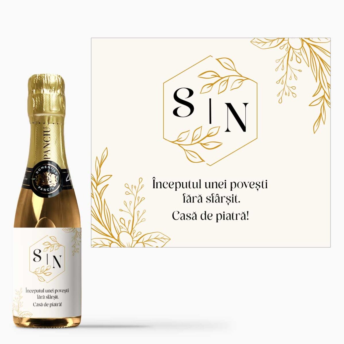 Mini sticluță de vin spumant personalizată cu mesaj - Nuntă 