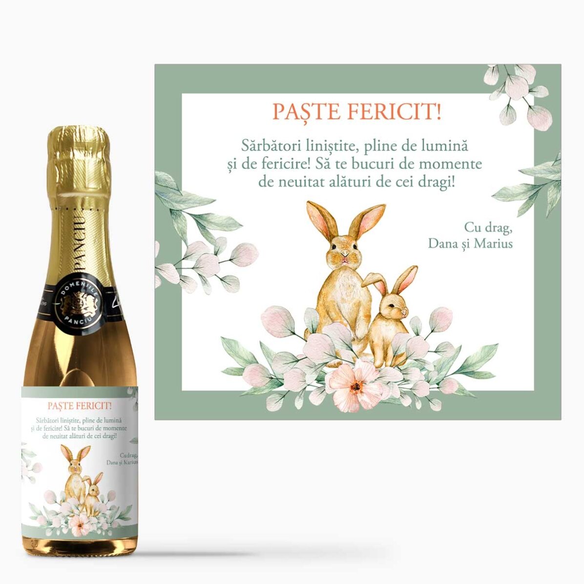 Mini sticluță de vin spumant personalizată cu mesaj - Paște fericit!