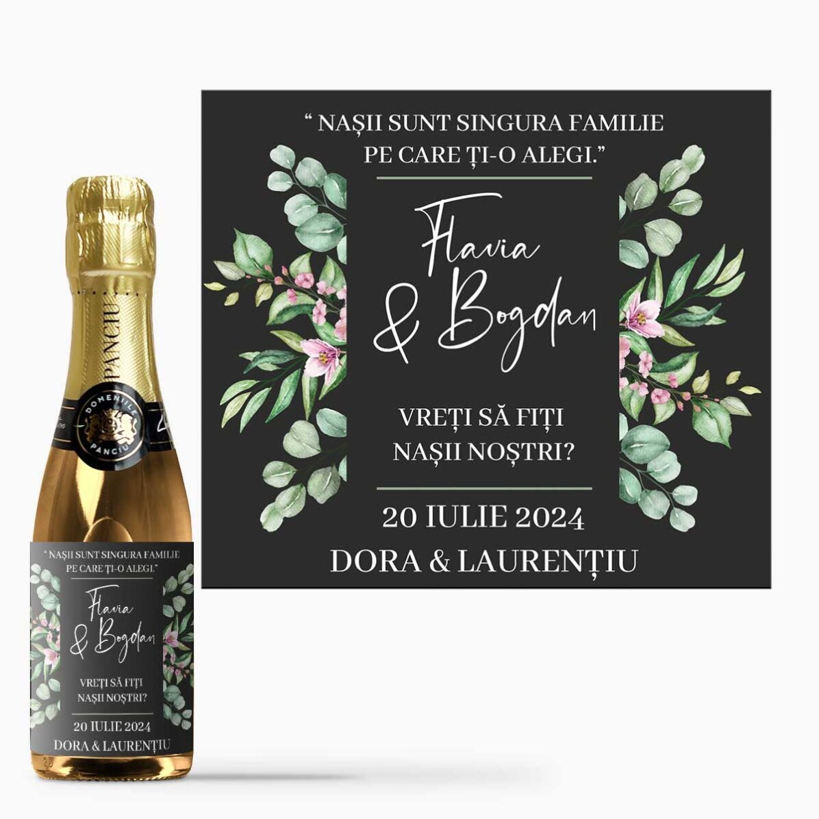 Mini sticluță de vin spumant personalizată cu mesaj - Will you be?