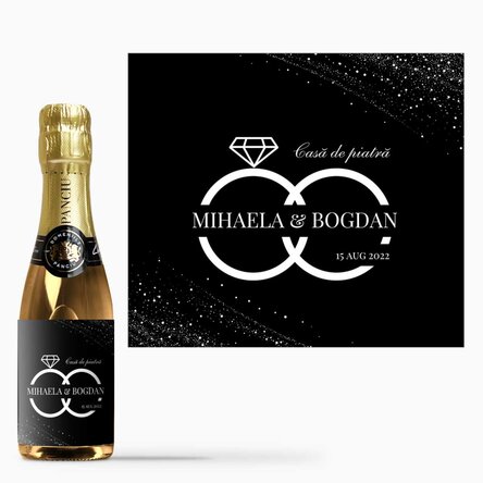 Mini sticluță de vin spumant personalizată cu nume și text pentru căsătorie