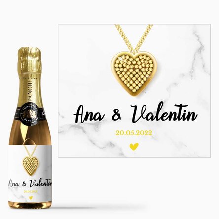 Mini sticluță de vin spumant personalizată cu numele voastre - Inimă de cristal