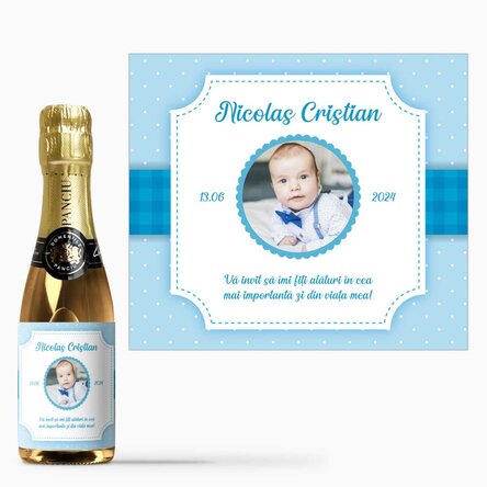Mini sticluță de vin spumant personalizată cu poză și text - Invitație botez