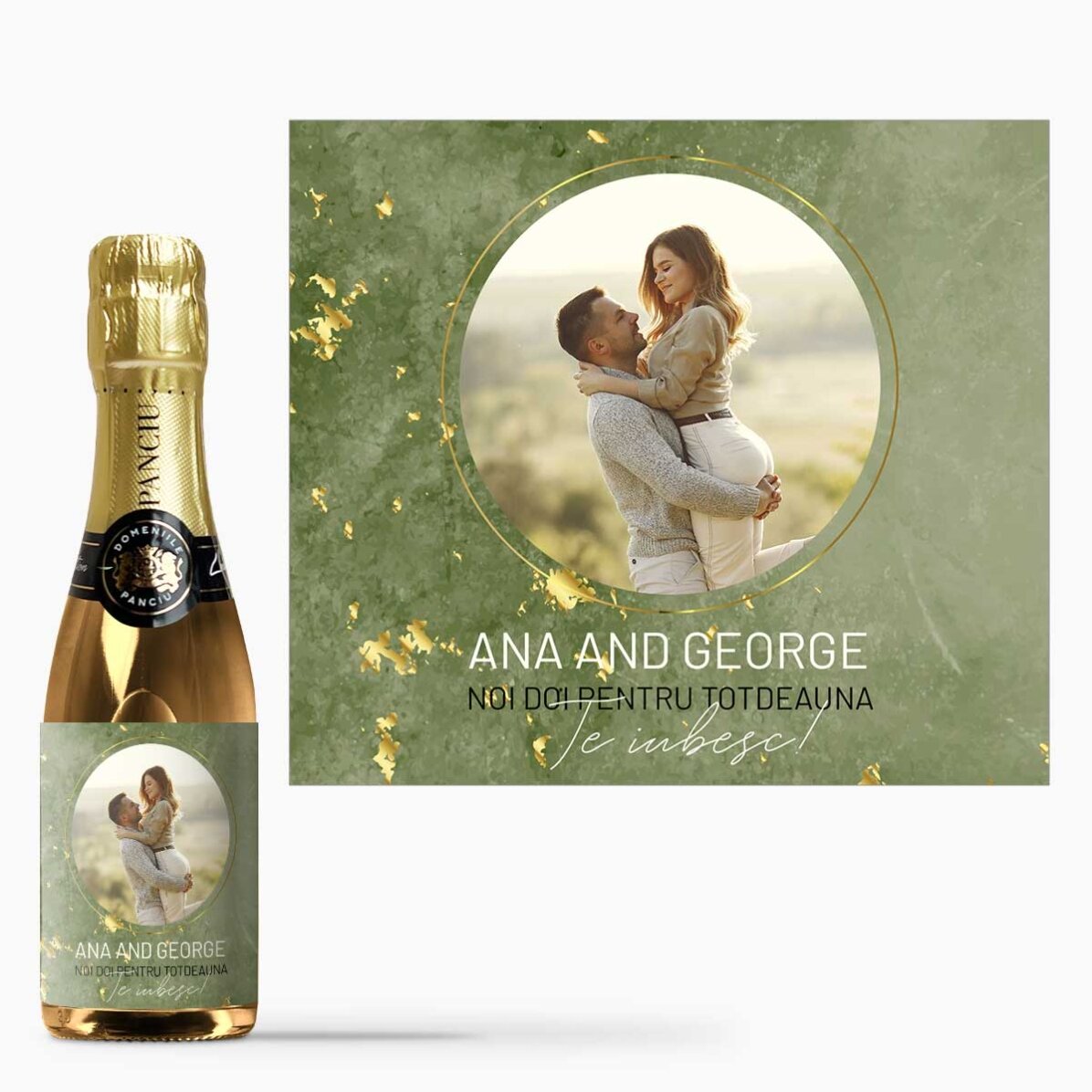 Mini sticluță de vin spumant personalizată cu poză și text - Noi doi