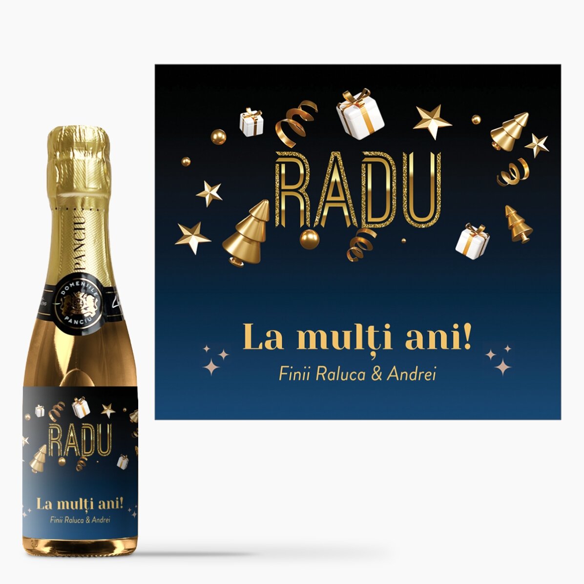 Mini sticluță de vin spumant personalizată cu text - 2022 - La mulți ani!