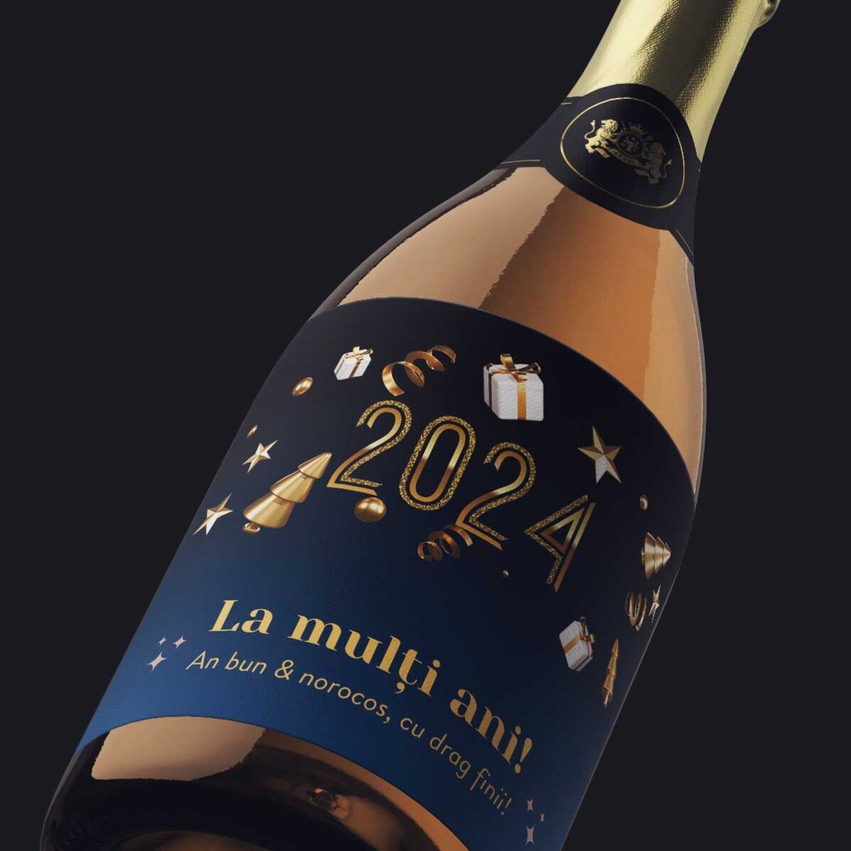 Mini sticluță de vin spumant personalizată cu text - 2022 - La mulți ani!