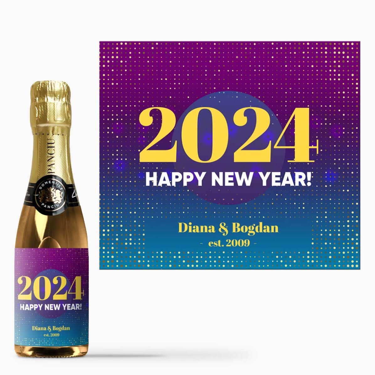 Mini sticluță de vin spumant personalizată cu text - Happy New Year!