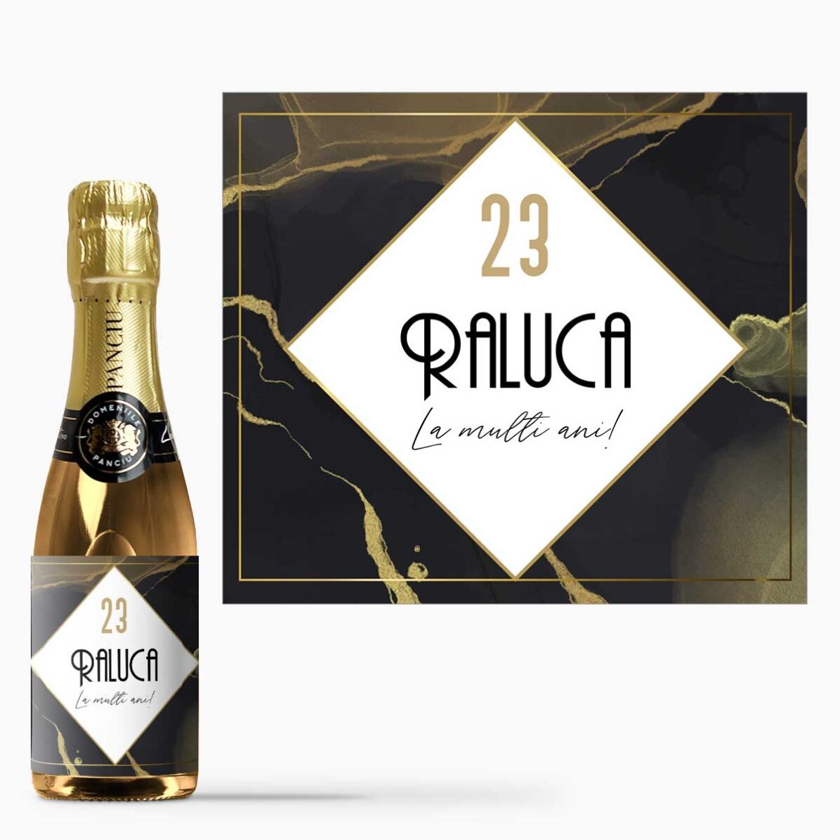 Mini sticluță de vin spumant personalizată cu text - Abstract gold