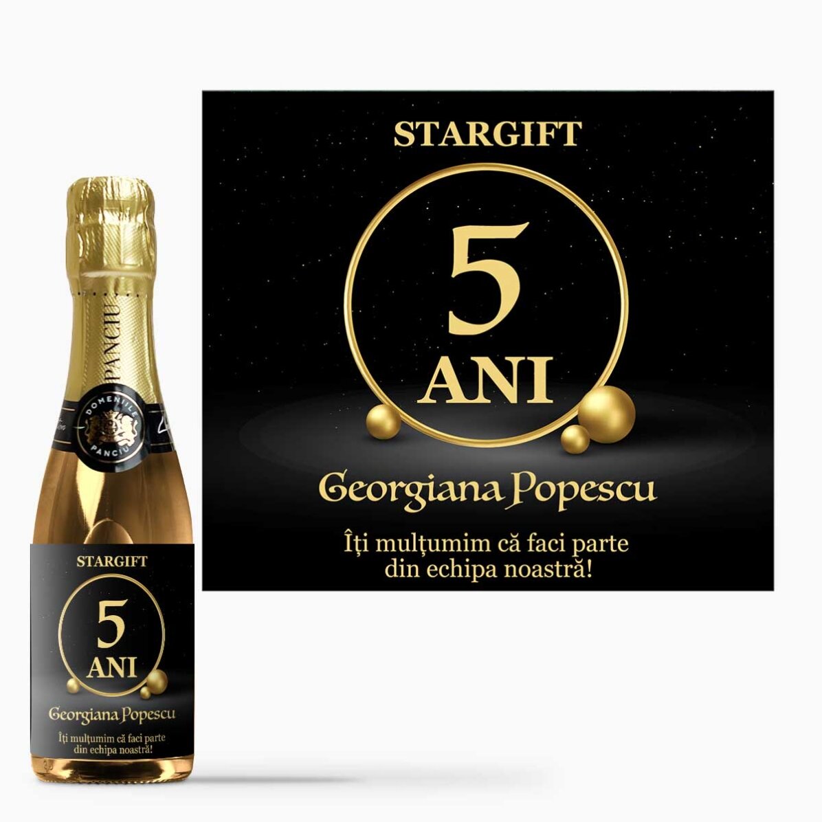 Mini sticluță de vin spumant personalizată cu text - Aniversare companie