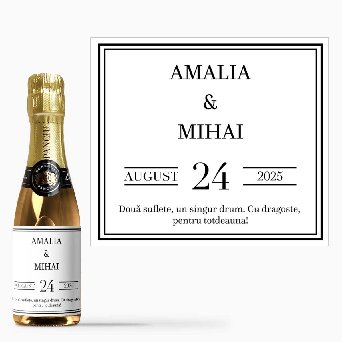 Mini sticluță de vin spumant personalizată cu text - Căsătorie