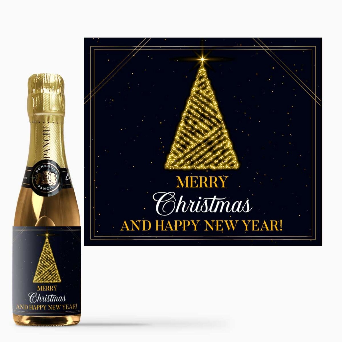 Mini sticluță de vin spumant personalizată cu text - Christmas Tree