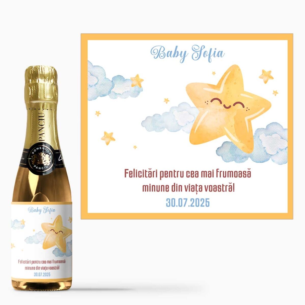 Mini sticluță de vin spumant personalizată cu text - Felicitări