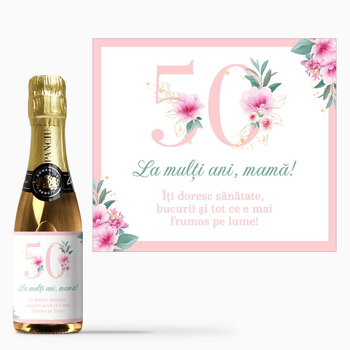 Mini sticluță de vin spumant personalizată cu text - Flowers