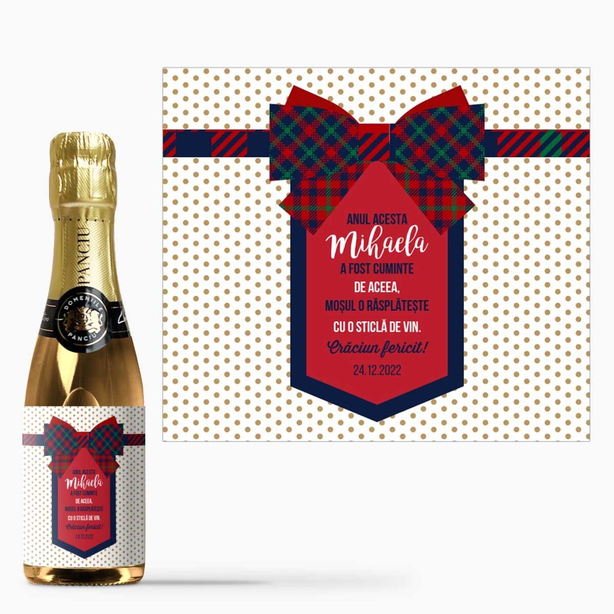 Mini sticluță de vin spumant personalizată cu text - Fundiță