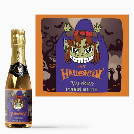 Mini sticluță de vin spumant personalizată cu text - Happy Halloween Witch
