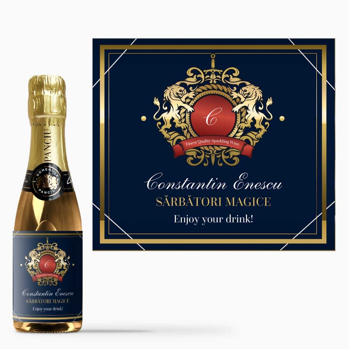 Mini sticluță de vin spumant personalizată cu text - Heraldry