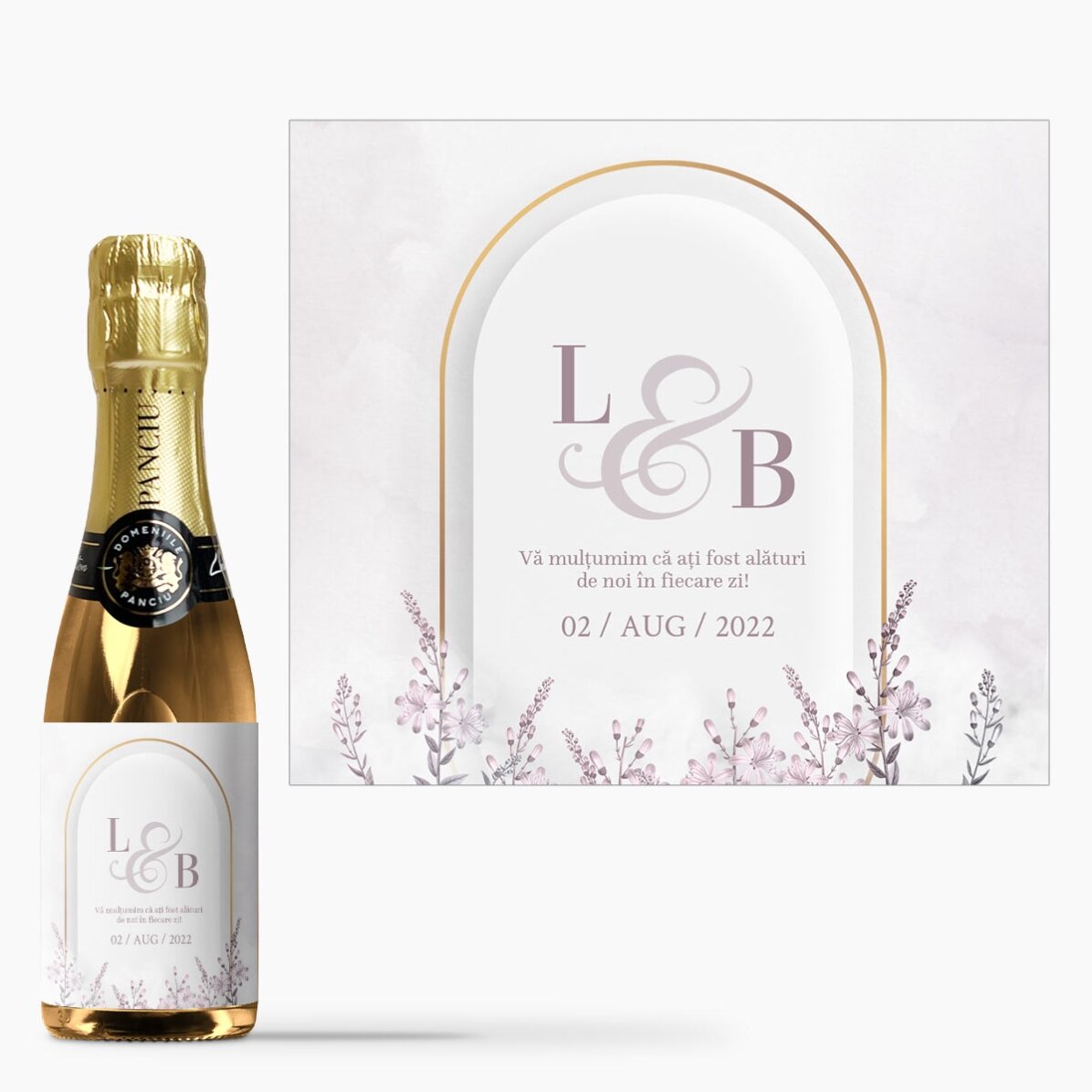 Mini sticluță de vin spumant personalizată cu text - Mărturie de nuntă