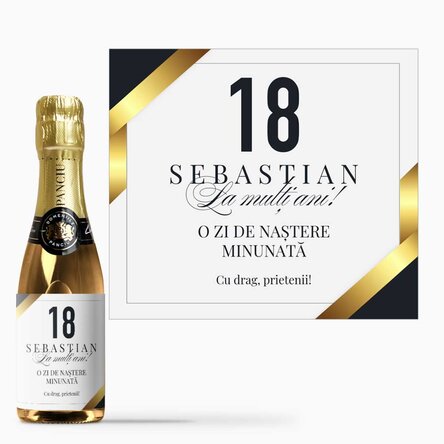 Mini sticluță de vin spumant personalizată  cu text pentru majorat