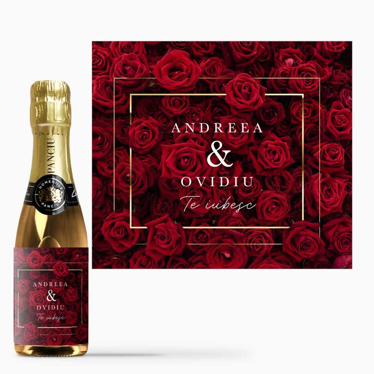Mini sticluță de vin spumant personalizată cu text - Roses