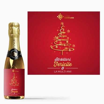 Mini sticluță de vin spumant personalizată cu text și logo - Sărbători fericite