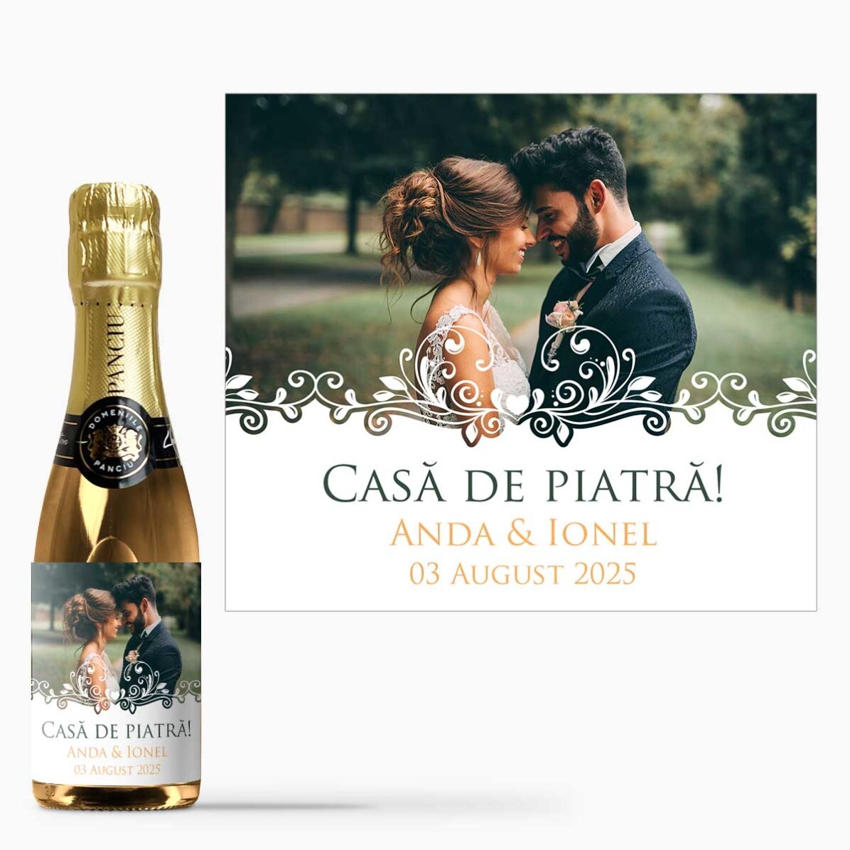 Mini sticluță de vin spumant personalizată cu text și o poză - Casă de piatră!