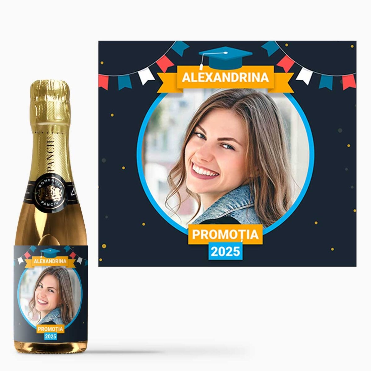 Mini sticluță de vin spumant personalizată cu text si poza pentru absolvire