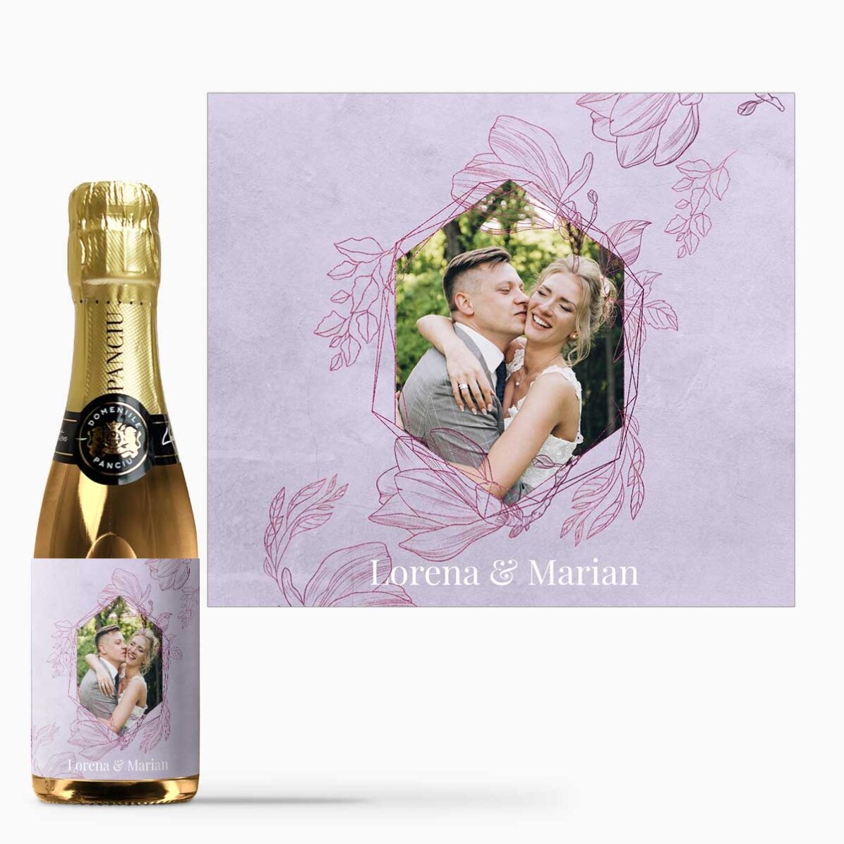 Mini sticluță de vin spumant personalizată  cu text și poză - Soft lilac