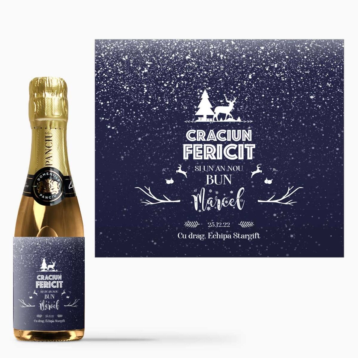 Mini sticluță de vin spumant personalizată cu text - Snowing Night