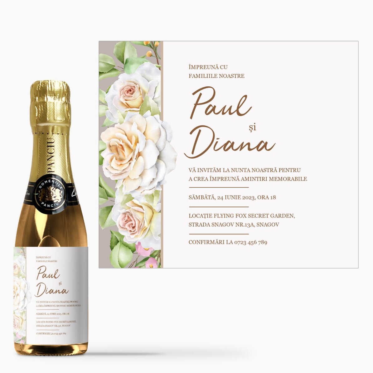 Mini sticluță de vin spumant personalizată cu text - Vă invităm la nunta noastră!