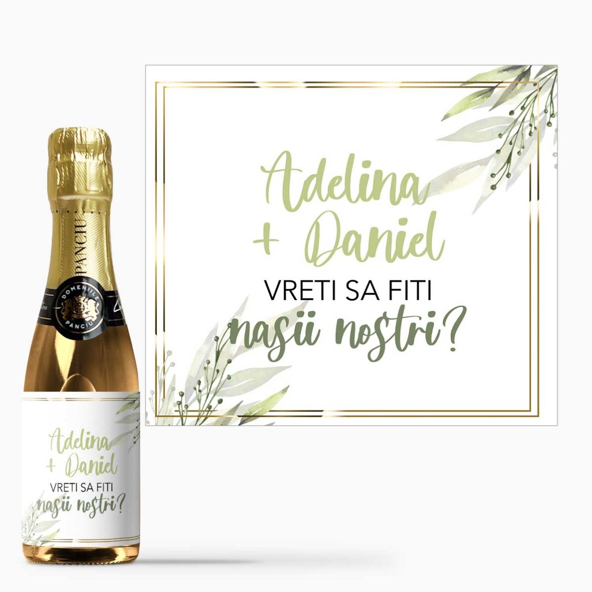 Mini sticluță de vin spumant personalizată  cu text - Vreți să fiți nașii noștri?