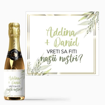 Mini sticluță de vin spumant personalizată  cu text - Vreți să fiți nașii noștri?