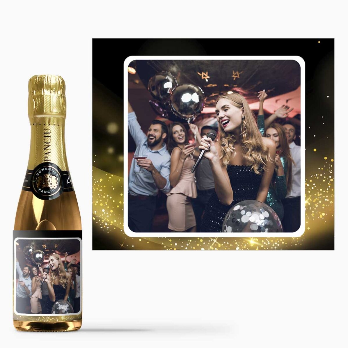 Mini sticluță de vin spumant personalizată cu o poză - Gold