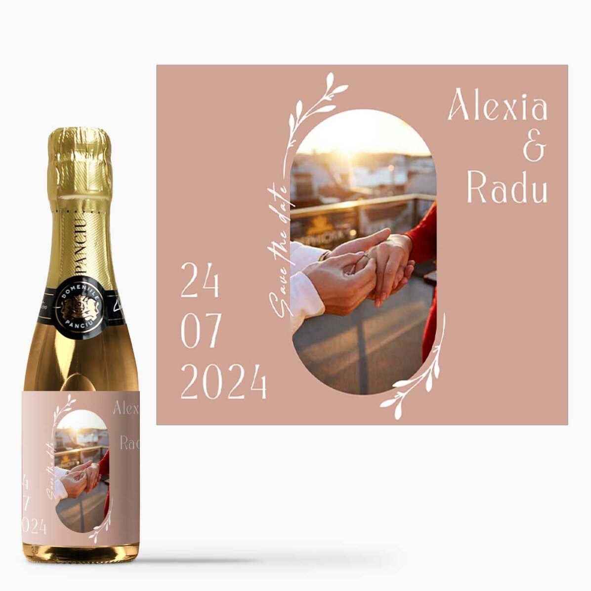 Mini sticluță de vin spumant personalizată save the date - Natural love
