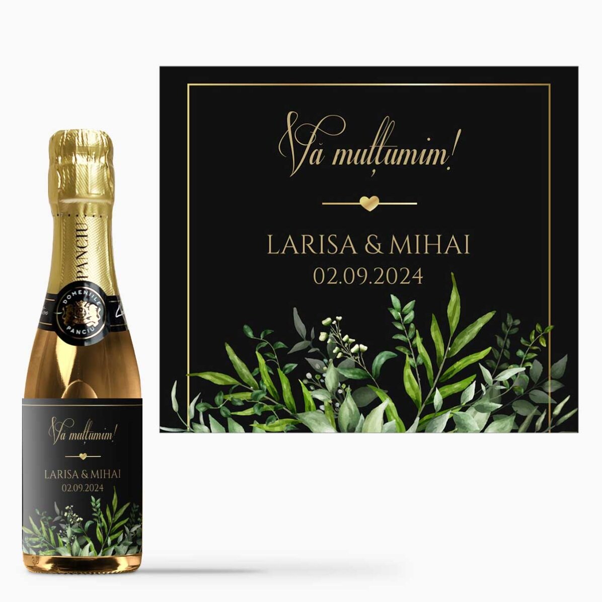 Mini sticluță de vin spumat mărturie personalizată cu text - Mulțumire